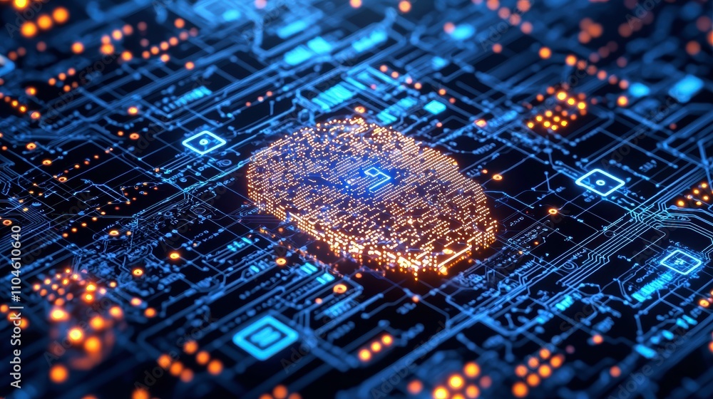 Poster close-up view of futuristic ai interface on digital device in a tech environment
