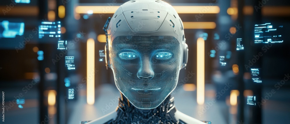 Poster futuristic ai interface analyzing human behavior in a high-tech digital workspace