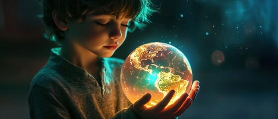 Naklejka premium Digital art child with holographic globe promoting imagination and global awareness