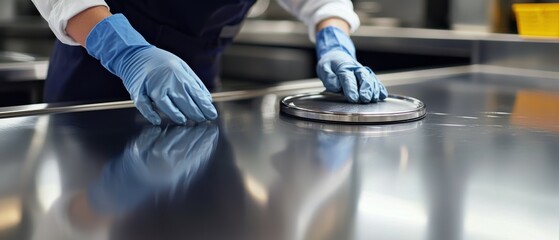 Action scene cleaner enhances stainless steel surface in commercial kitchen