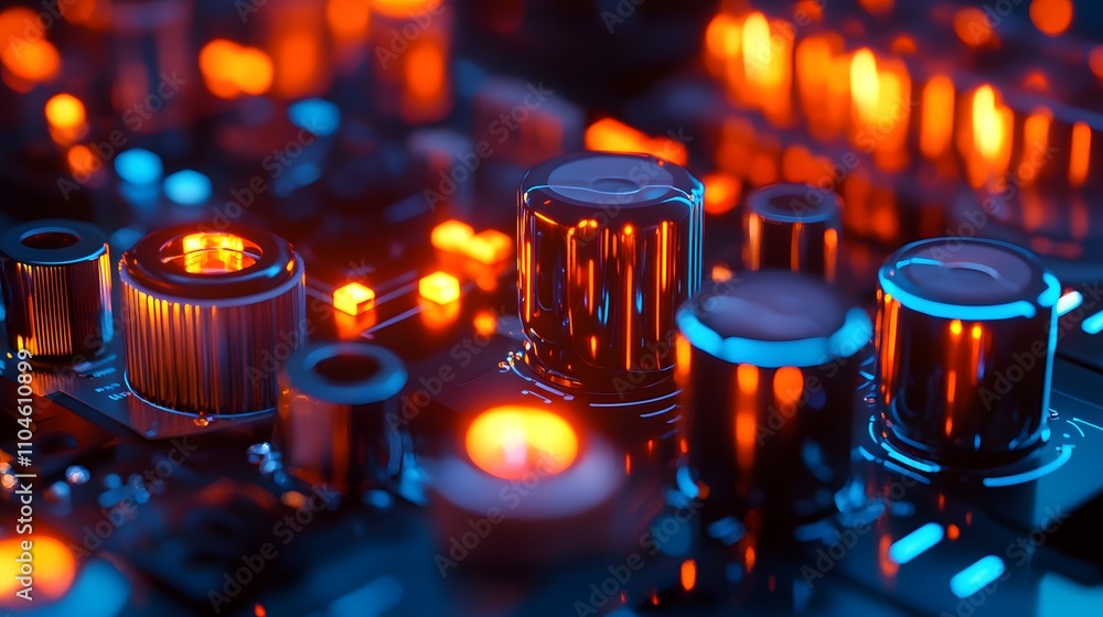 Poster a close up of a circuit board with a few capacitors lit up. concept of technology and innovation, as