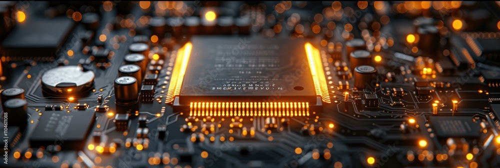 Poster secure motherboard with micro interference equipment and data elements, cybersecurity concept, close