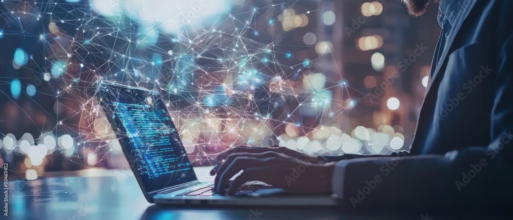 Poster ai programmer's close-up writing innovative algorithms on laptop in digital tech space