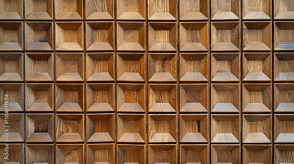 Poster wooden cube texture: geometric pattern of deeply recessed square wooden blocks creating a rich, text