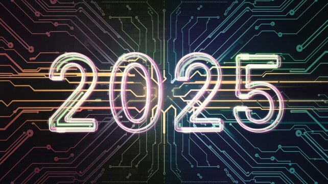2025 New Year, technology, circuit, electronics, digital, futuristic, modern, neon, glowing, countdown, celebration, holiday, party, sparkle, shine, glamour, elegant, ornamental, decorative, festive, 