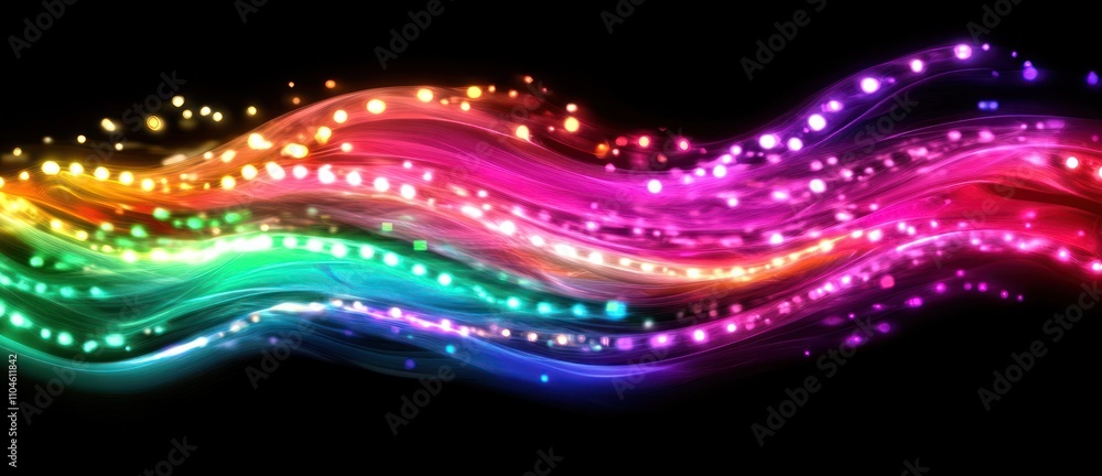 Poster a vibrant wave of colorful lights and patterns on a dark background.