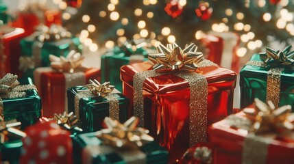Many red and green Christmas gifts with gold bows under a decorated Christmas tree.