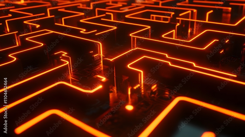 Poster a computer chip with orange lines and a red background. the image has a futuristic and industrial fe