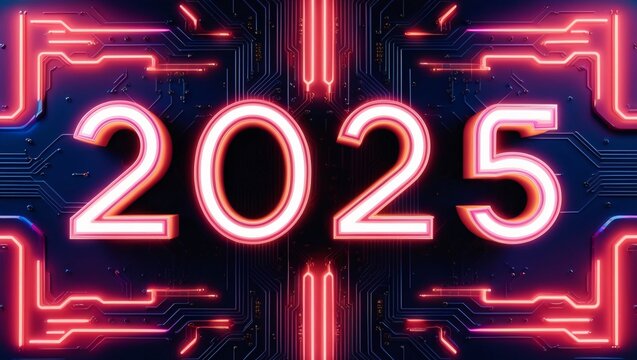 2025 New Year, technology, circuit, electronics, digital, futuristic, modern, neon, glowing, countdown, celebration, holiday, party, sparkle, shine, glamour, elegant, ornamental, decorative, festive, 