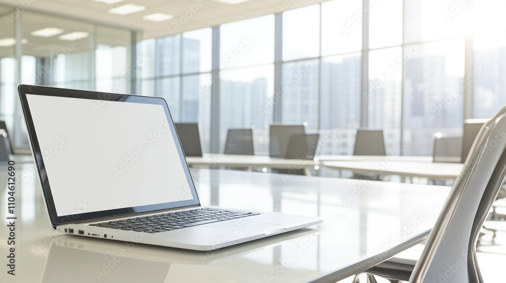 Poster a modern office setting featuring a laptop on a conference table with large windows.