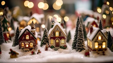 Miniature snow-covered village with illuminated houses and figurines under soft bokeh lights.