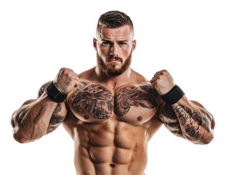 Muscular man showcasing tattoos and strength, cut out - stock png.