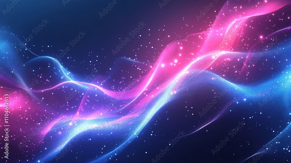 Poster abstract colorful waves with sparkling stars in dark background