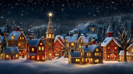 Fototapeta premium Idyllic snow-covered village at night, illuminated houses, twinkling lights, starry sky, Christmas atmosphere.