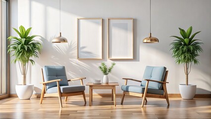 Fototapeta premium Empty Frame Mockup Living Room Design, Wooden Chairs, White Wall