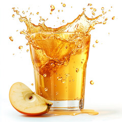 Delicious glass of apple juice splashed on a white background.