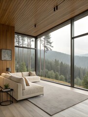 Obraz premium Minimalist modern living room with cream sofa, wood paneling, and forest view.
