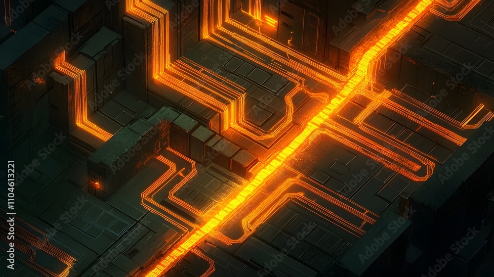 Poster a computer chip with orange lines and a red background. the image has a futuristic and industrial fe