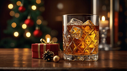 Festive whiskey drink in rocks glass with ice, Christmas tree, gift, and candlelight.