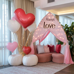romantic room decorated with heart shaped balloons and soft lighting creates cozy atmosphere for love. Perfect for celebrations or intimate gatherings