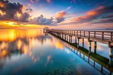 Fototapeta premium Long Exposure Sunrise Over Wooden Pier - Tranquil Waters, Serene Skies, Nature's Beauty, Morning Light, Coastal Calm, Dreamy Landscape, Seaside Serenity