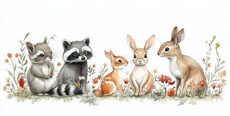 Obraz premium Watercolor Illustration of Forest Animals Raccoon Deer Rabbit Squirrel Birds Flowers Mushrooms Nature Scene