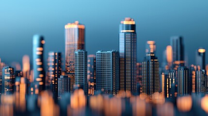 Obraz premium A vibrant city skyline at dusk, showcasing illuminated skyscrapers against a deep blue sky, reflecting modern architecture and urban life.