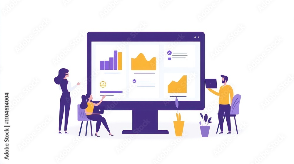 Poster illustration of people analyzing data on a large computer screen with graphs and charts.