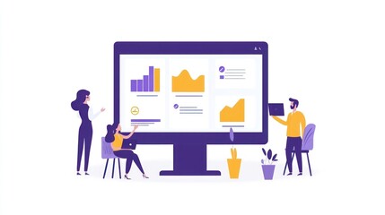 Fototapeta premium Illustration of people analyzing data on a large computer screen with graphs and charts.