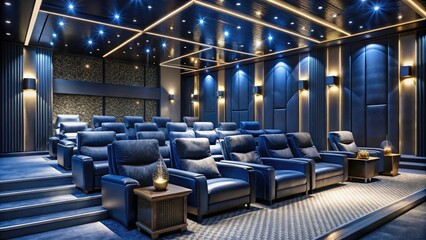 Obraz premium Luxury Cinema Experience with Modern Dark Blue and Black Seats in a Stylish Interior Design for Ultimate Relaxation and Exclusivity