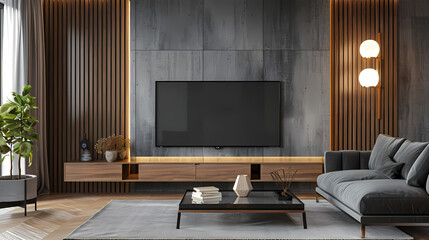 Modern Living Room Interior Design: A sleek, contemporary living room features a large flat-screen TV mounted on a dark gray stone wall, complemented by warm wood paneling and a plush gray sofa.
