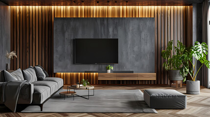 Modern Living Room with TV Mockup: A stylish and contemporary living room interior design featuring a large flat-screen TV mounted on a dark gray textured wall, flanked by warm-toned wooden slats.