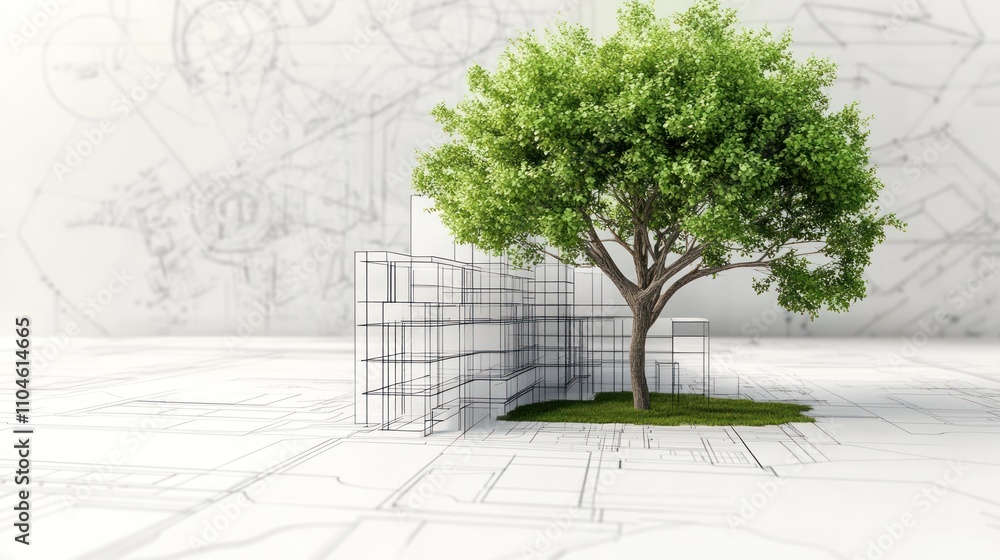 Aufkleber drawing 3d architecture city building sketch lines with green tree on white background