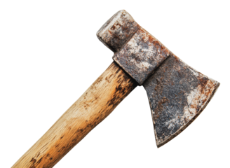 Rustic axe with worn wooden handle and metal blade, cut out - stock png.