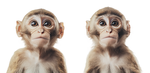 Portraits of two young monkeys looking curious, cut out - stock png.