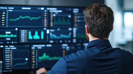 Fototapeta premium A person analyzes financial data on multiple monitors displaying various graphs and charts.
