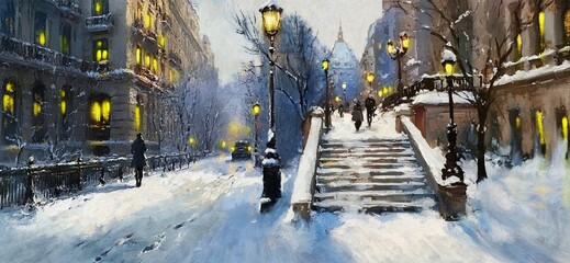 An ancient street in a winter city, lanterns are burning, people are walking, snow-covered trees, a beautiful winter picture, an illustration of the city, fine art