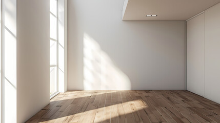 Sunlit Empty Room: A bright and airy empty room features large windows, hardwood floors, and warm sunlight streaming through, creating a tranquil and inviting atmosphere.