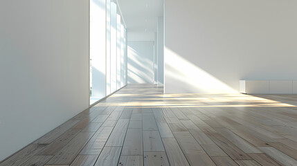 Obraz premium Sunlight Streaming Through Modern Architecture: A minimalist hallway bathed in soft sunlight streaming through large windows, showcasing the beauty of simple lines, spaciousness, and natural light. 