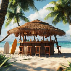 Fototapeta premium Tropical Beach Bar with Palm Trees and Surfboards in Paradise Scene