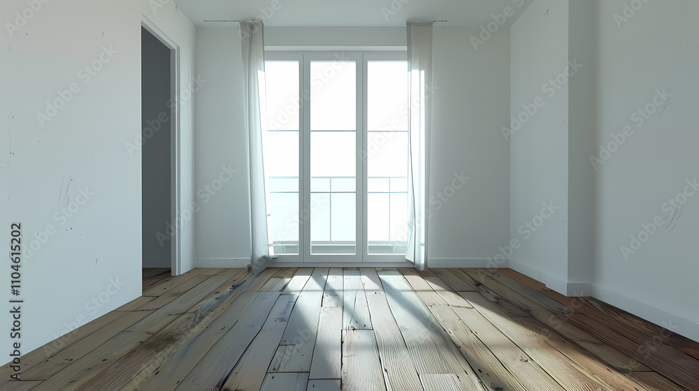 Poster sunlit empty room: sunlight streams through a large window, illuminating a spacious empty room with 