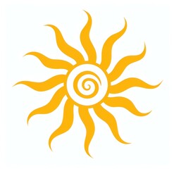 Fototapeta premium Bright yellow sun symbol with swirling center, radiating rays, representing warmth and positivity, ideal for summer and cheerful themes.