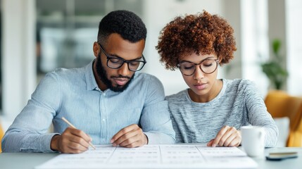 A focused couple collaborates on a project, examining papers with concentration in a bright, modern workspace.