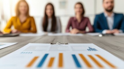 A group of professionals is seated at a table, focusing on a report with bar graphs in the foreground, suggesting a business meeting or presentation.