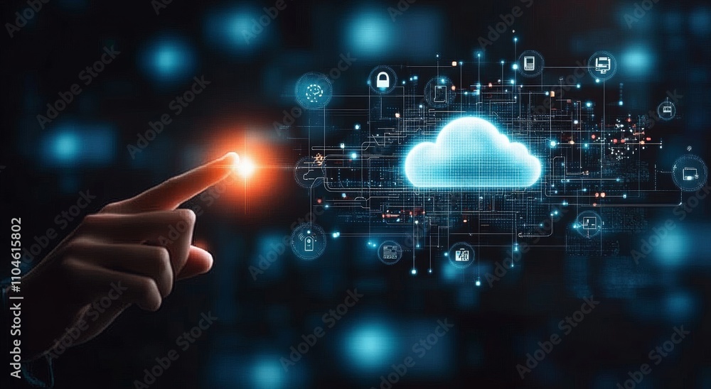 Poster futuristic hand pointing at cloud icon with technology symbols for cloud computing and digital innov
