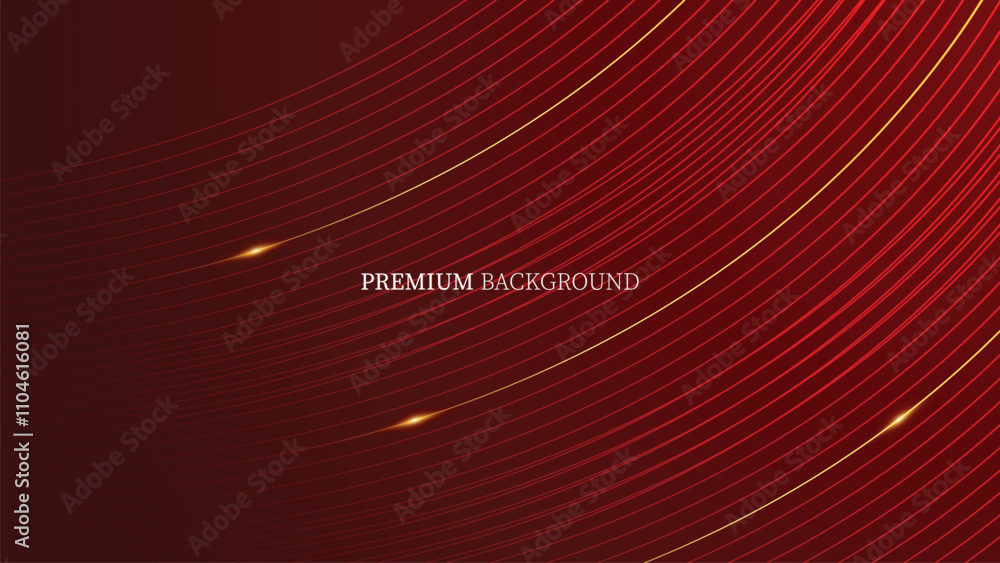 Poster abstract golden ribbon and wave lines on red background and red technology geometric background. mod