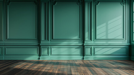 Emerald Green Wall Paneling: Elegant teal green wainscoting adorns a room, bathed in the warm glow of sunlight streaming through a nearby window. The dark hardwood floor adds depth and sophistication.