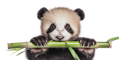 Young panda eating bamboo in a playful manner, cut out - stock png.