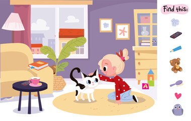 Find hidden objects items in the picture puzzle game. Little girl petting, cuddle his kitten sitting on floor in middle of room. Attention task. Worksheet.  Educational game for children. Cartoon.