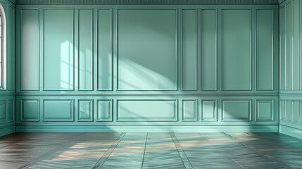 Serene Teal Room Interior: Sunbeams illuminate an elegant empty room featuring teal paneled walls and a dark hardwood floor, creating a peaceful and sophisticated atmosphere. 